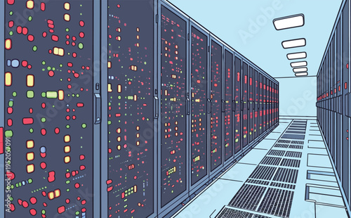 Data center with server racks filled with lights in a modern facility during daytime