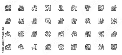 Online course icon set. Vector icons pack for Language, Management, Law, Elearning, Teaching, Video call, Skills, and more. Minimalist editable stroke.