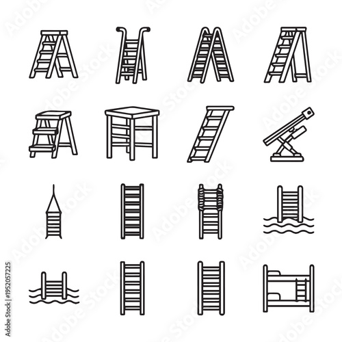 Various Ladder Types Icons Set Step Stool Extension Bunk Bed Telescopic Rope DockVector Line Art