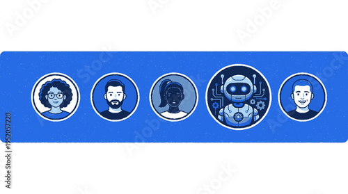 Diverse team of people and artificial intelligence robot avatars in circular profile icons on a blue textured background