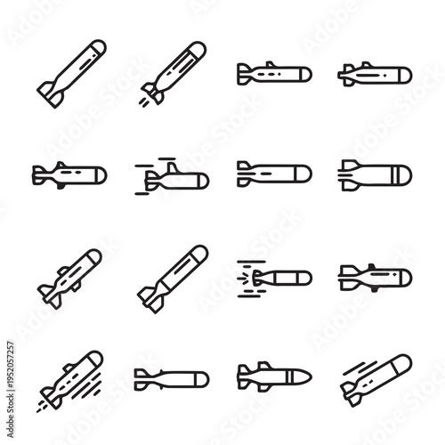 Various Missile and Torpedo Icons Military Weapon Symbols Line Art