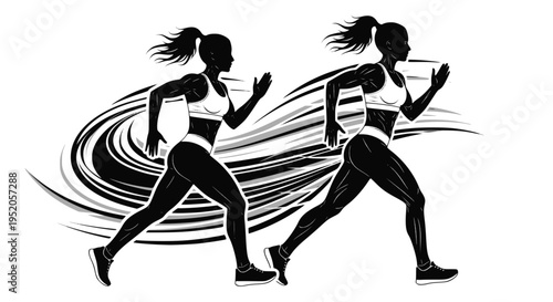 Strong athletic women running silhouette with dynamic speed trails, vector illustration. Design for marathon posters, fitness app interface, or gym wall decor. Transparent background SVG version.