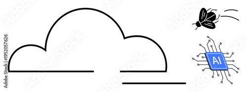 Cloud computing, artificial intelligence, technology advancement, automation, innovation, software development. Image of a cloud shape, AI chip and a stylized bug. Cloud computing and artificial