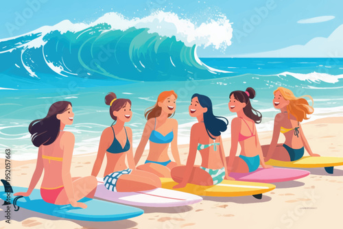 Illustration Of A Group Of Women Sitting On Surfboards On The Sand With Big Waves Vector Design Template