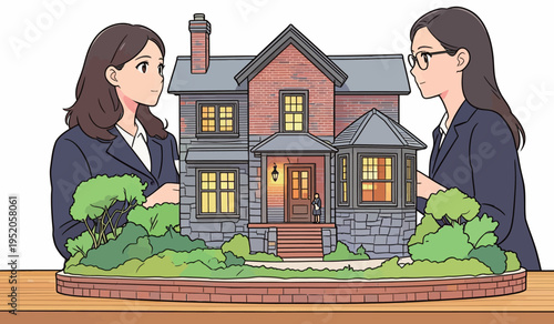 Two people discuss a model house in an office during the afternoon