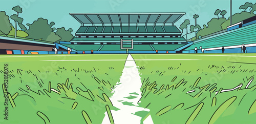 Rugby field with empty stands during early morning practice at a sports complex in a sunny location