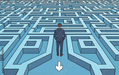 Man stands at the entrance of a large blue maze looking for a way to navigate through its twists and turns