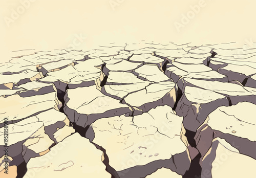Ground shows cracks from dry conditions in a vast area under a bright sun during midday