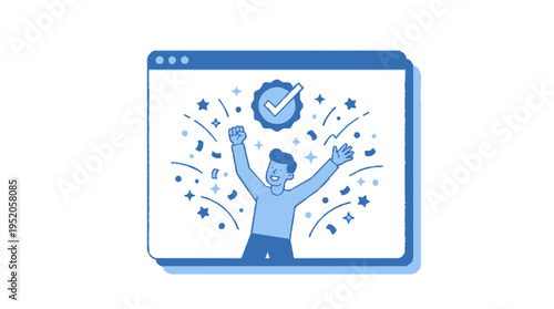 Man celebrating task completion with confetti and clock