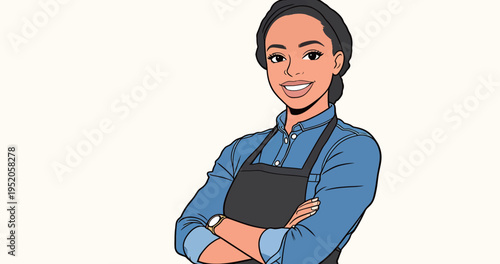 Barista smiles as she stands in the coffee shop ready to serve customers during morning rush