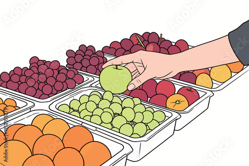 Hand picks green apple from display of fresh fruits at market in daytime