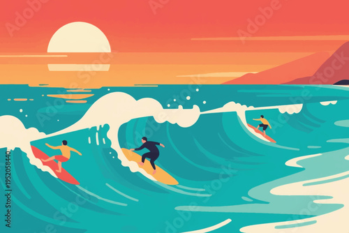 Illustration Of Three Young Men Surfing On The Beach, Sunset Atmosphere Vector Design Template