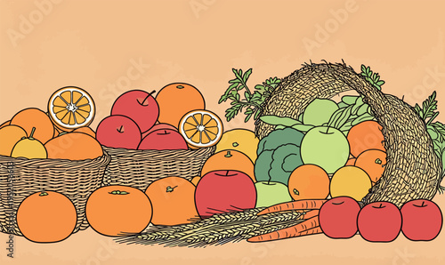 Colorful display of fruits and vegetables in baskets on a light background during autumn harvest season