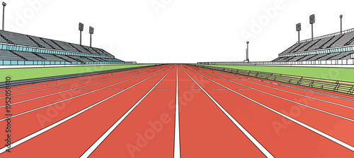 Empty running track at a sports stadium with stands on either side under bright lights in the daytime