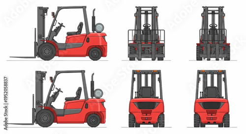 Forklift CAD Blueprint Vector – Detailed Industrial Vehicle Drawing with Multiple Views and Technical Design Features