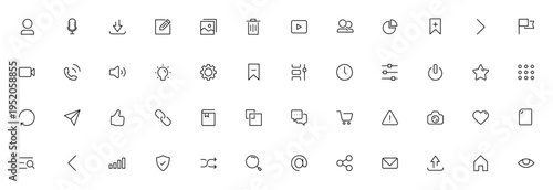 Multimedia icon set. Social media, video, camera, microphone, chart, shopping cart, and more. Editable vector symbols for web and design.