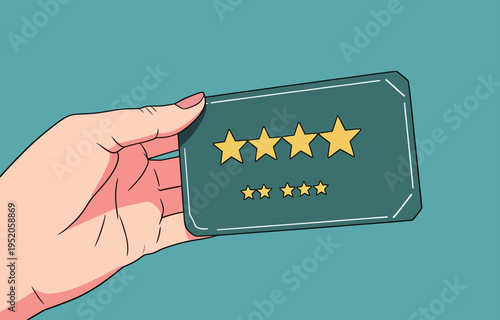 Hand holding a reward card showing stars for customer service feedback at a restaurant