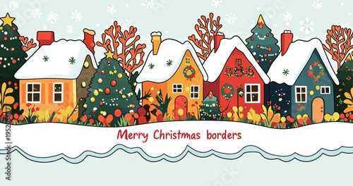 Colorful houses decorated for Christmas with trees and snow in a winter scene during the holiday season