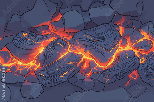 Lava flows over dark rocks in a volcanic landscape during the eruption, showing the intense heat and vibrant colors of the molten rock