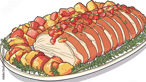 Delicious turkey dish served with roasted potatoes and herbs during a festive dinner setting