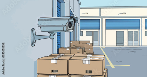 Surveillance camera watches over boxes stacked outside a storage unit during daylight hours