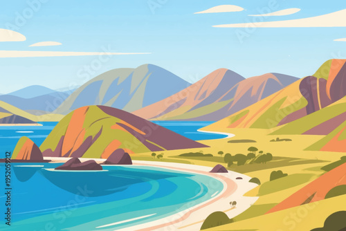 Illustration Of A Mountain View Near A Calm Water Coastline Vector Design Template