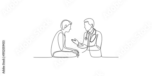 Continuous line drawing of a doctor and patient in consultation medical healthcare one art minimalist