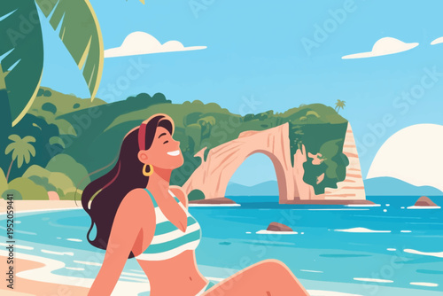 Illustration Of A Woman Sitting On A Beach With A Hole In The Hill Vector Design Template