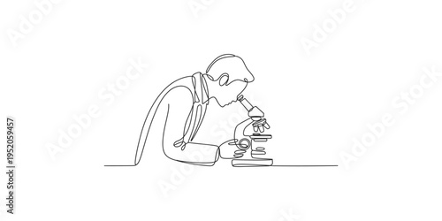 Continuous line drawing of a man in a lab coat using a microscope science research
