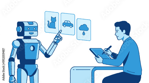 Ai robot teaching human to identify objects on screen pointing to cat car and rain symbols while man sketches on tablet symbolizing machine
