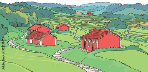 Colorful houses are scattered across green fields near hills and rice terraces during the day in a rural area