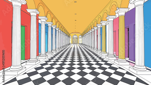 Colorful hallway with columns and doors in bright colors at an indoor location