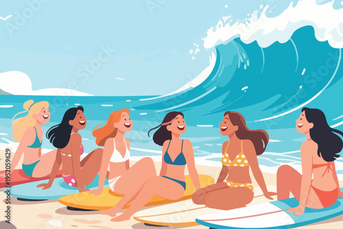 Illustration Of A Beach Scene With Big Waves, A Group Of Women Sitting On Surfboards In The Sand Vector Design Template