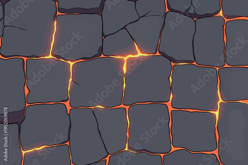 Lava flows between dark stones in a hot environment during a volcanic activity scene