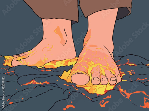 Person stands barefoot on glowing lava surrounded by dark volcanic terrain at night in a vivid illustration showing heat and light
