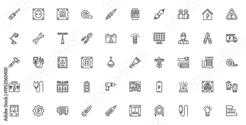 Electrician tools icon set. Vector toolkit with screwdriver, pliers, multimeter, cable, bulb, socket, drill, safety gear and more. Minimal line symbols.
