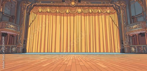 Empty stage with a yellow curtain ready for a performance in a theater