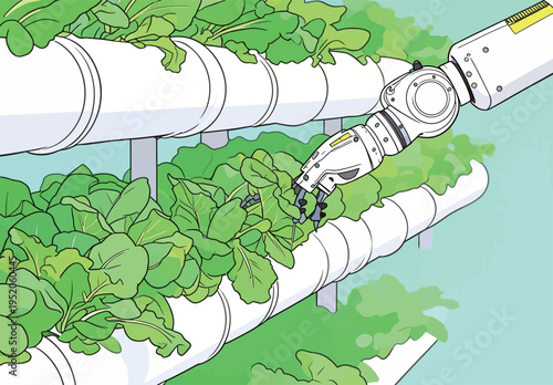 Robotic arm tending to plants in vertical farm at midday under bright lighting