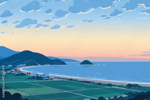 Illustration Of A View Of Rice Fields And Mountains Near The Beach In The Evening Sky Vector Design Template