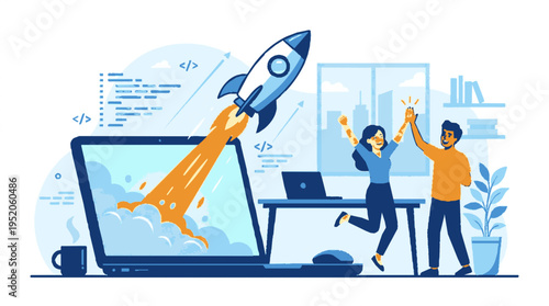 Dynamic flat vector illustration capturing startup launch success with rocket blasting off laptop screen celebratory team high five coding