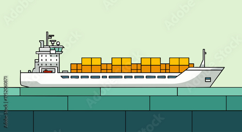 Illustration of a large cargo ship carrying many containers across the ocean, symbolizing global trade and logistics.