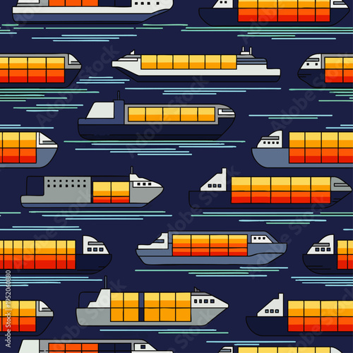 Vibrant seamless pattern featuring a fleet of cargo ships and container vessels navigating the sea, symbolizing worldwide shipping, logistics, and maritime transport.