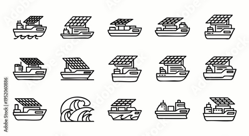 Set of outline icons representing solar-powered boats and ships, with waves and different vessel types, symbolizing clean energy and maritime transport.