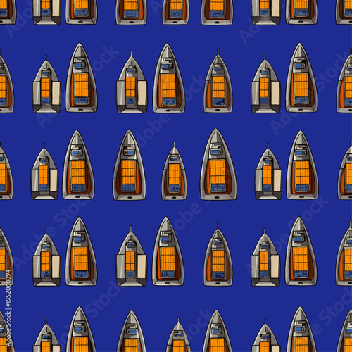 Seamless pattern of stylized speedboats and motorboats from a top-down perspective on a blue background
