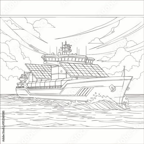 Outline drawing of a modern cargo ship with solar panels on deck, sailing on the sea with waves and clouds.