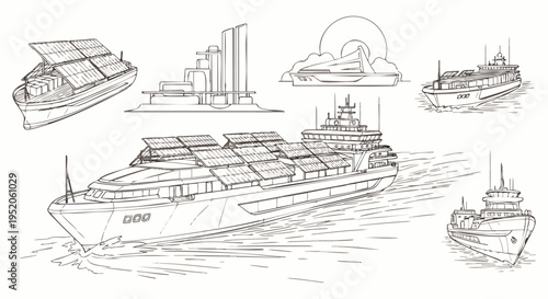 Collection of hand-drawn sketches of futuristic ships and industrial structures, showcasing renewable energy and modern design concepts.