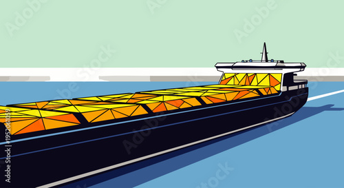 Modern cargo ship transporting valuable goods across the ocean, illustration of global trade and logistics