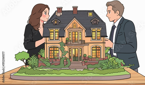 Couple discussing home design plans while looking at a model house in a bright room during the day