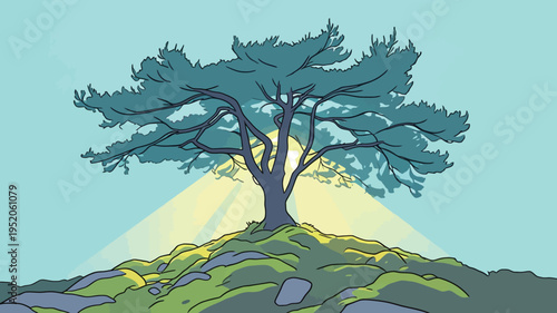 Sunlight shines through a tall tree on a rocky hill during a bright and clear day in a natural landscape setting