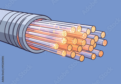 Fiber optic cables transmit data through glass strands in a modern network system